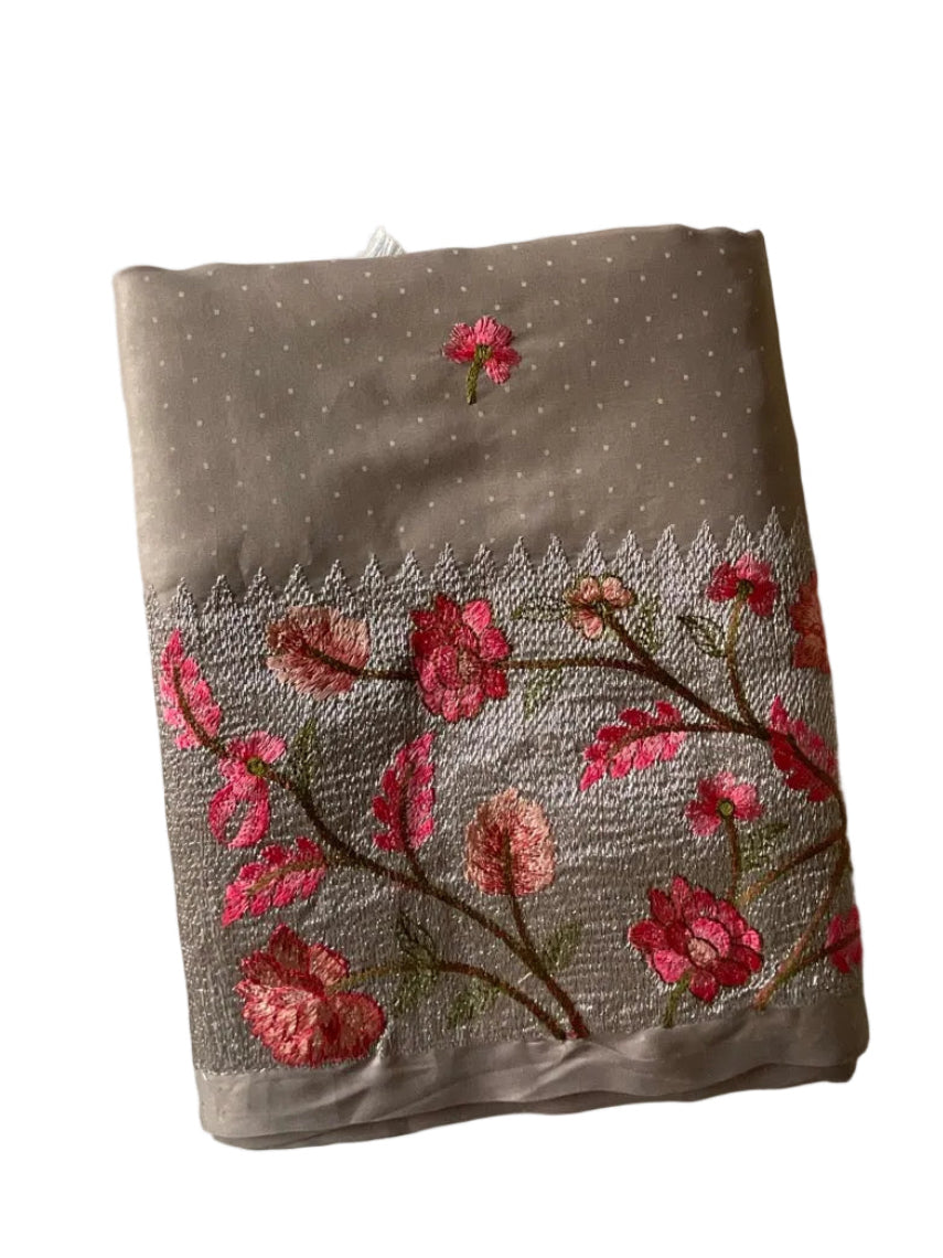 Grey Saree with Pink Floral Embroidery & Tassels