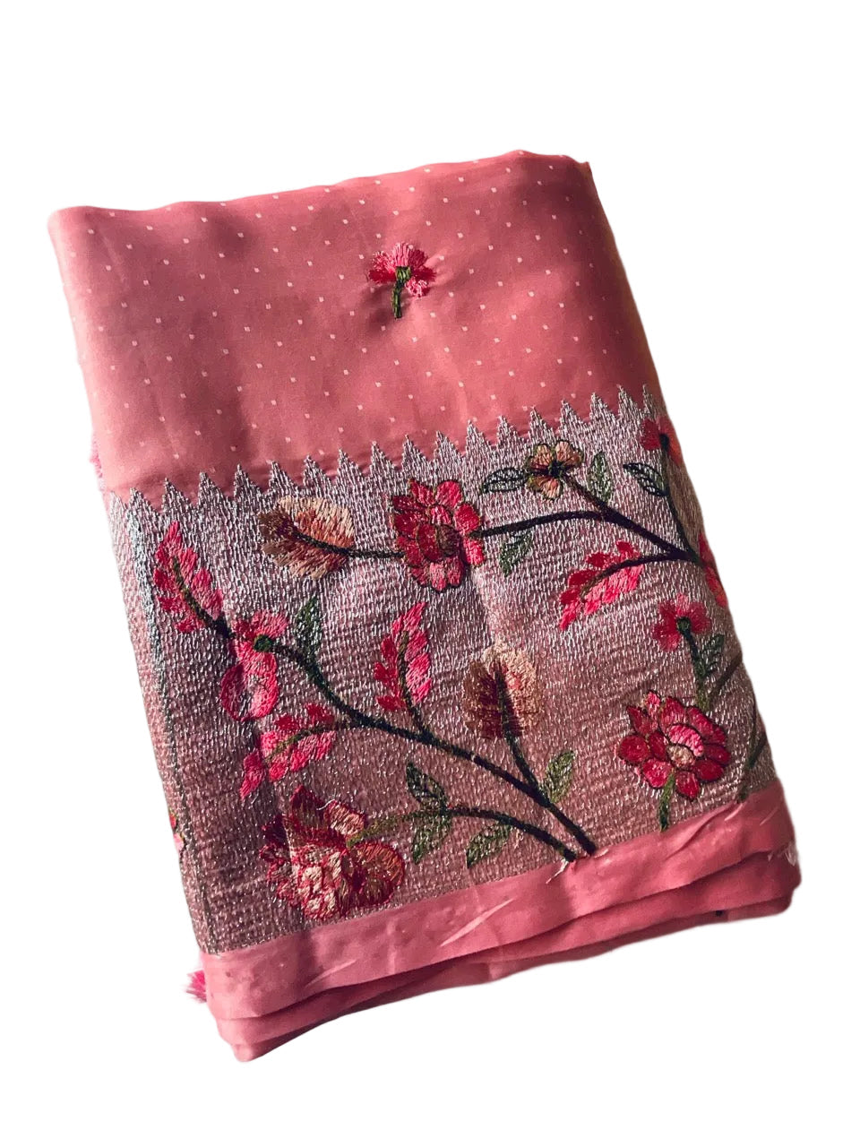 Pink Saree with Floral Vine Embroidery & flower aariyaa