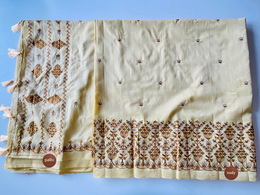 Yellow Embroidered Saree with Brown Thread Work
