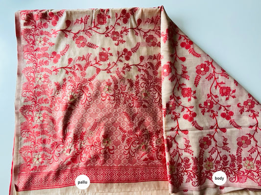 Beige Cotton Jamdani Saree with Red weave