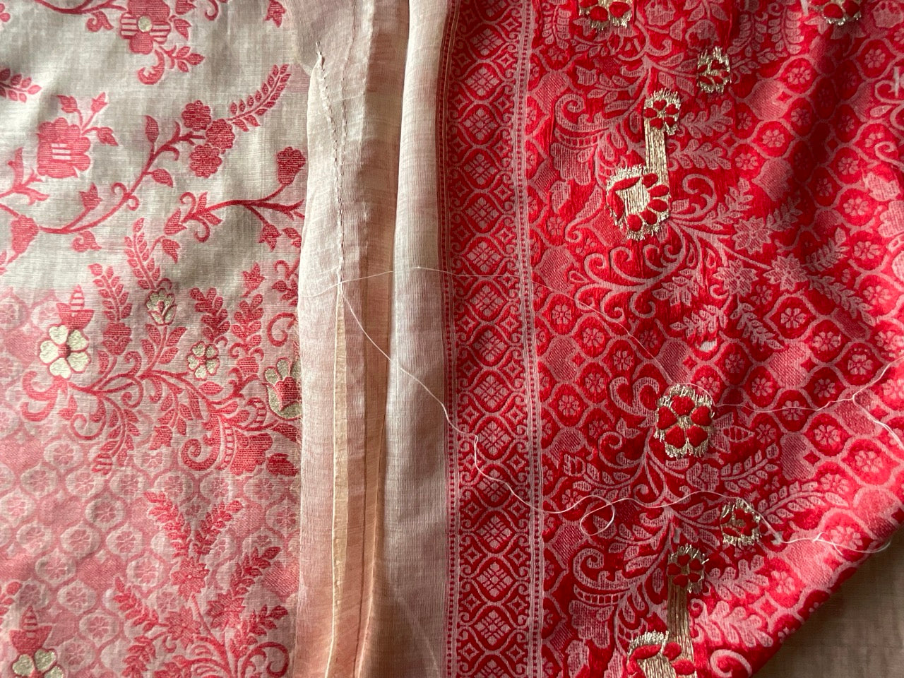 Beige Cotton Jamdani Saree with Red weave