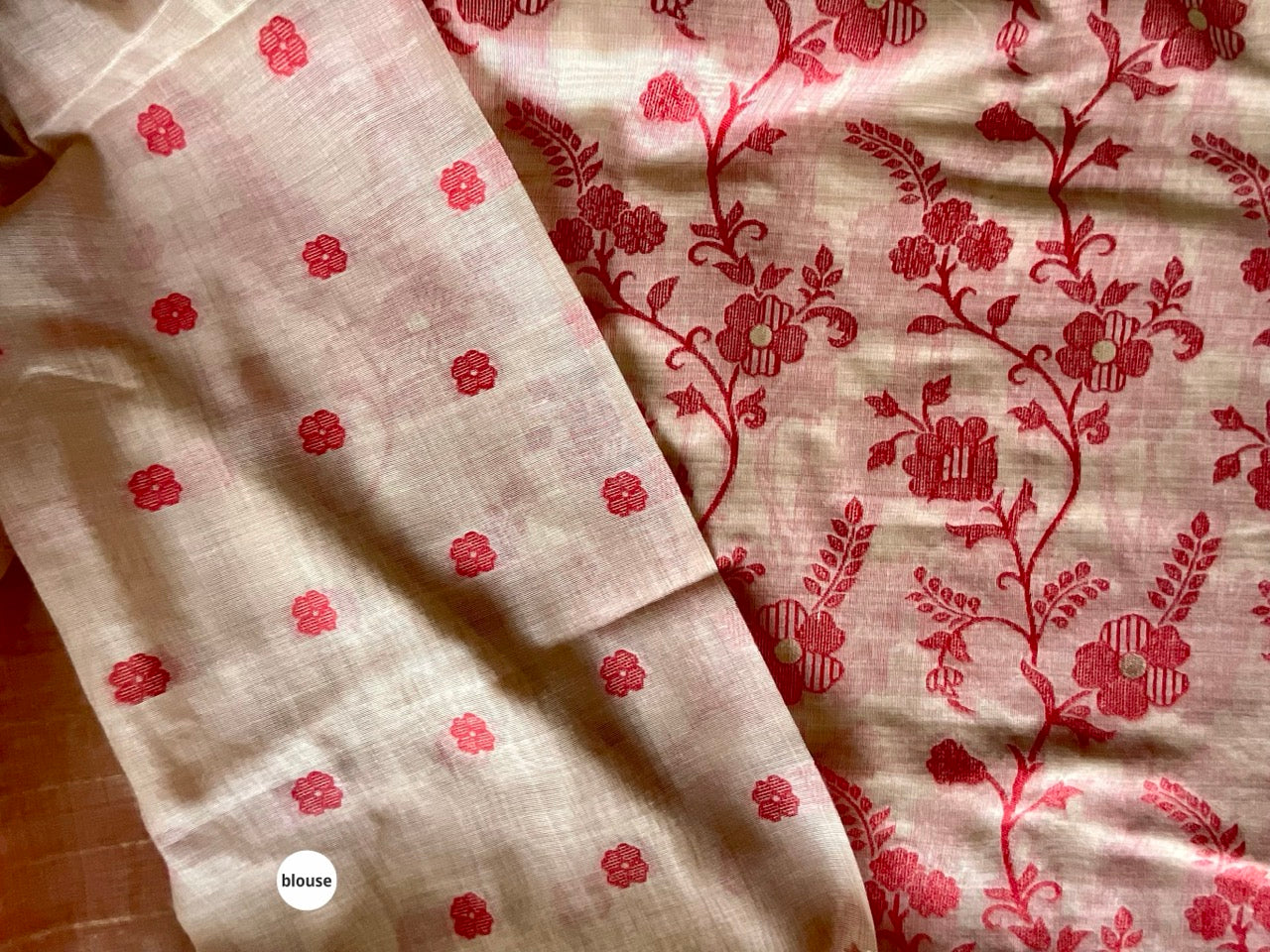 Beige Cotton Jamdani Saree with Red weave