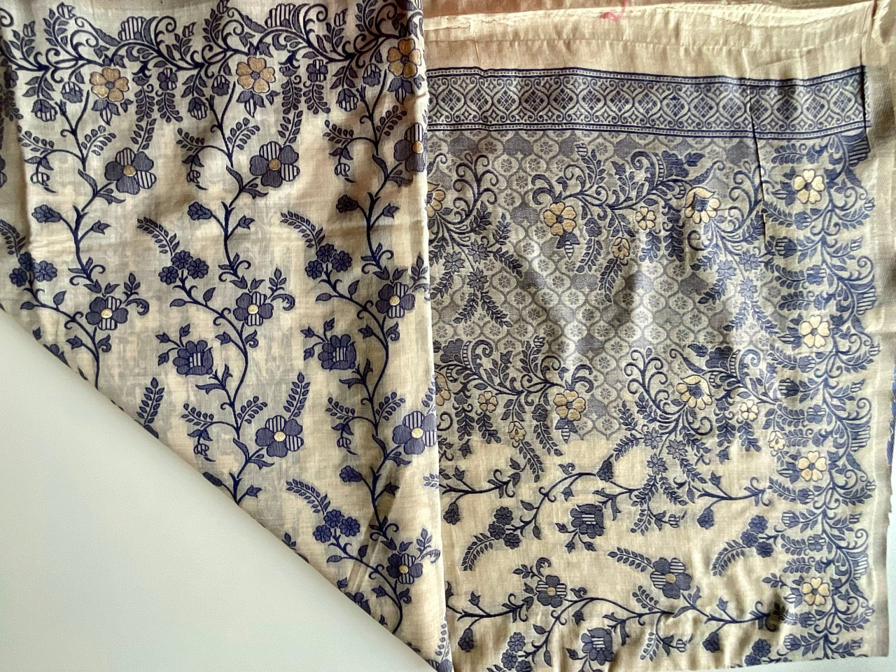 Beige & Blue Jamdhani Cotton Saree