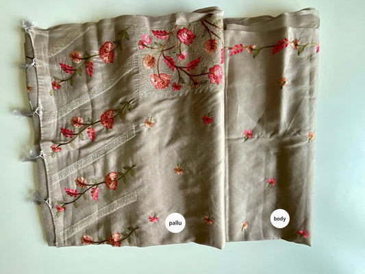 Grey Saree with Pink Floral Embroidery