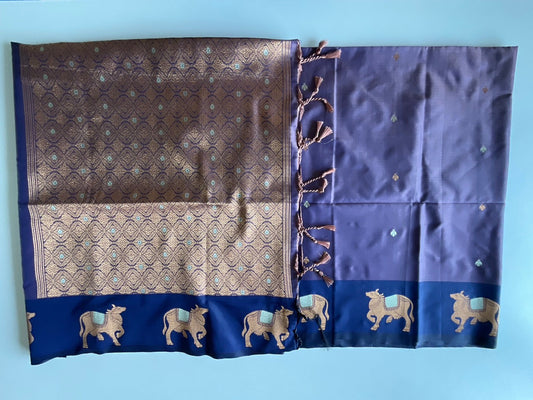 Purple Saree with Golden Cow Motifs & Golden Pallu