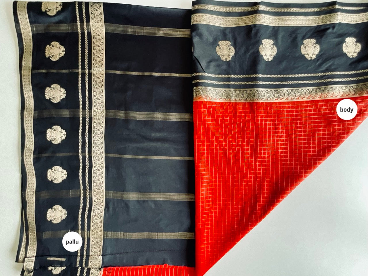 Red Saree with Golden Checks & Gandabherunda Motif