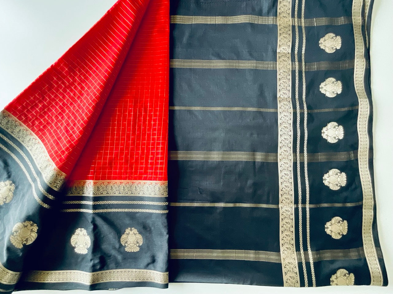 Red Saree with Golden Checks & Gandabherunda Motif