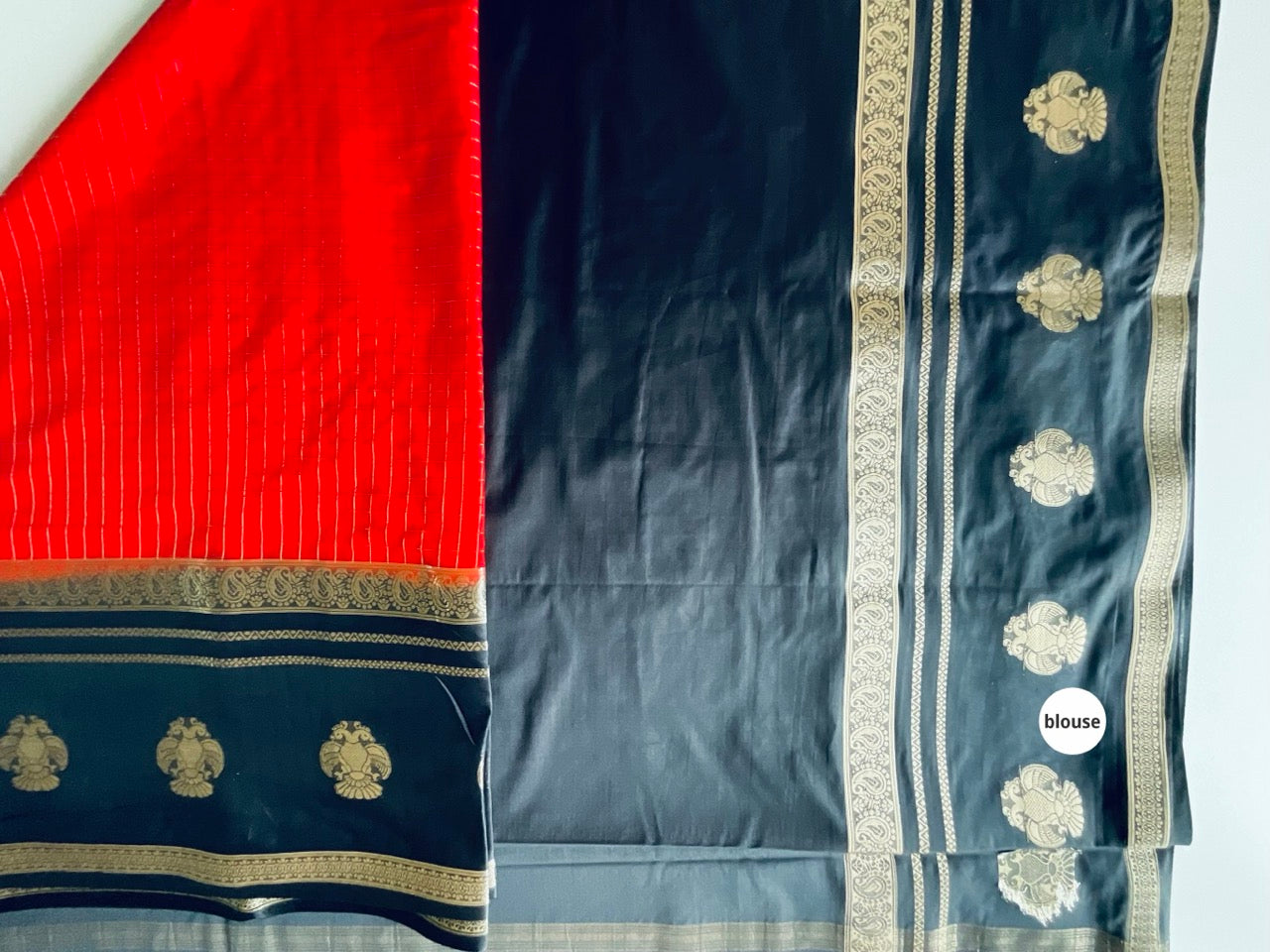 Red Saree with Golden Checks & Gandabherunda Motif