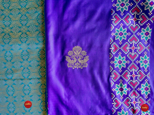 Purple & Blue Dual Shade Saree with Gold Bird Motifs