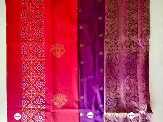 Red & Purple Saree with Gold Peacock Motifs