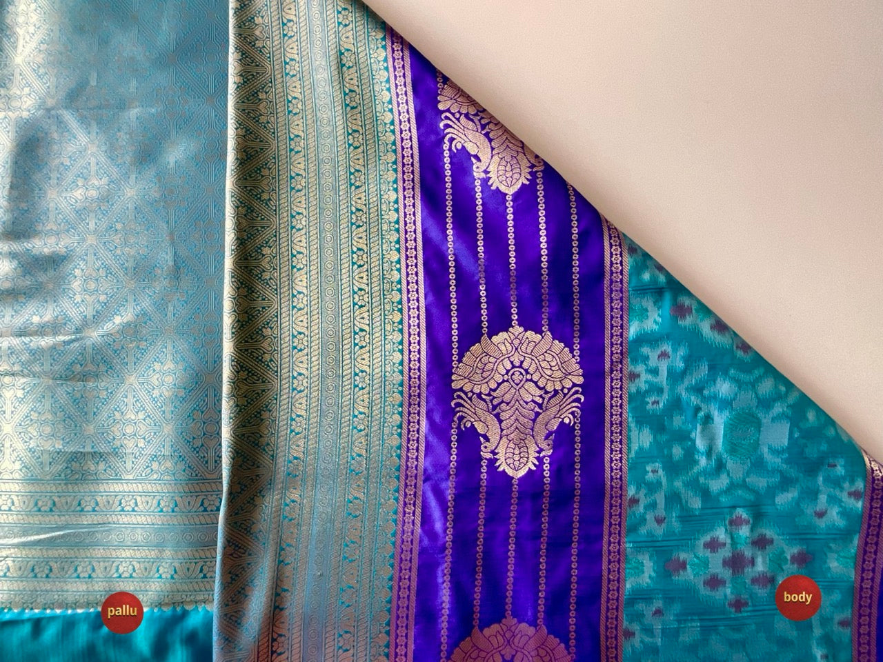 Dark Blue & Light Blue Saree with Gold Peacock Motifs
