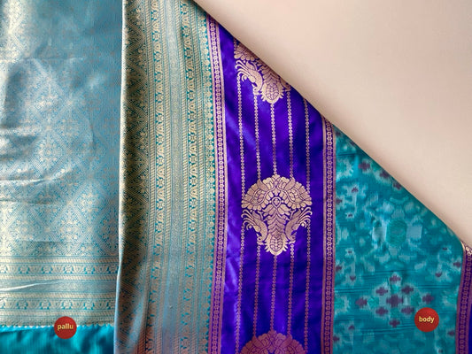Dark Blue & Light Blue Saree with Gold Peacock Motifs