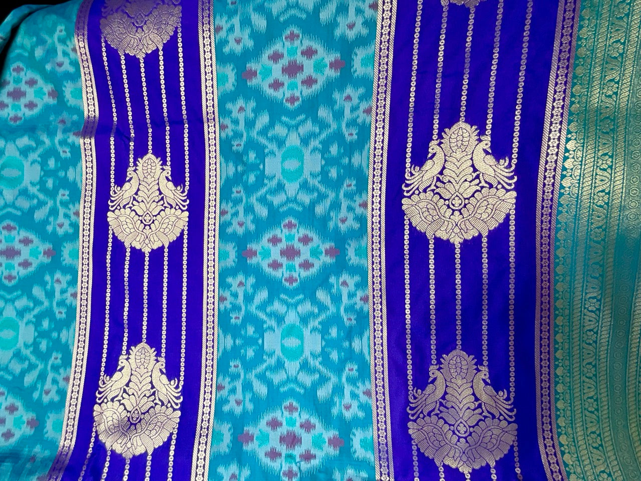 Dark Blue & Light Blue Saree with Gold Peacock Motifs