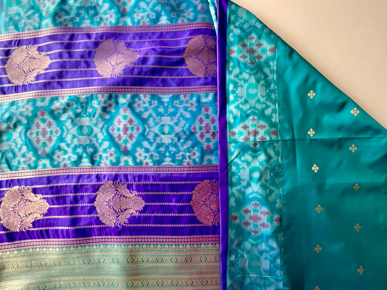 Dark Blue & Light Blue Saree with Gold Peacock Motifs