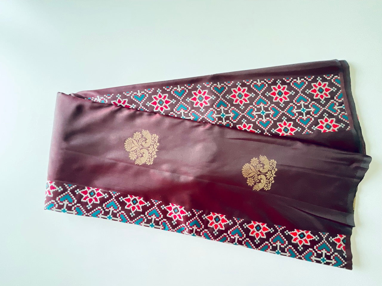 Dark Brown & Pink Saree with Gold Peacock Motifs