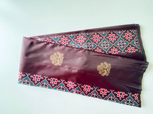 Dark Brown & Pink Saree with Gold Peacock Motifs