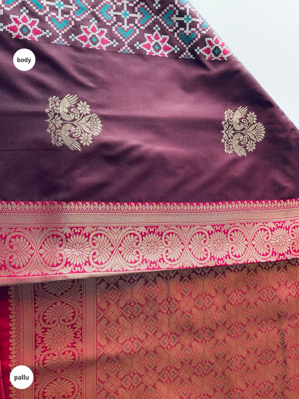 Dark Brown & Pink Saree with Gold Peacock Motifs