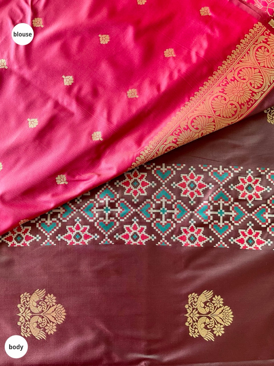 Dark Brown & Pink Saree with Gold Peacock Motifs
