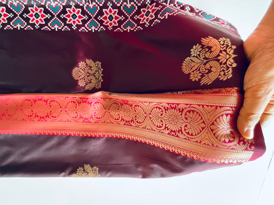 Dark Brown & Pink Saree with Gold Peacock Motifs