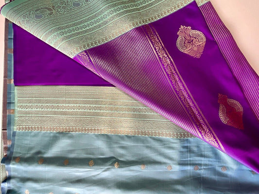 Purple & Blue Saree with Gold Bird Motifs