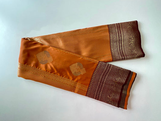 Orange Rust & Brown Saree with Gold Bird Motifs