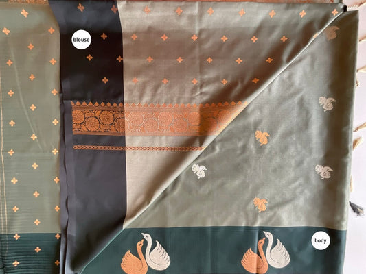 Green Crepe Saree with Golden Swan Motifs and Butti Blouse