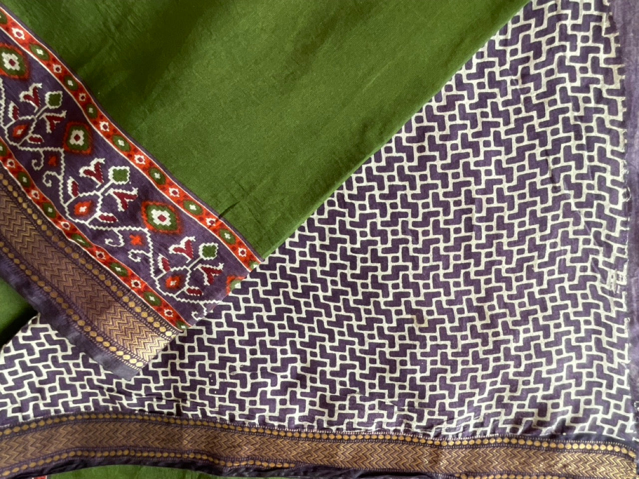 Green Cotton Saree with small Golden Border