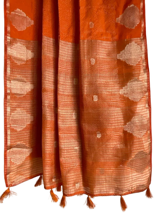 Orange Banarasi style Tissue Silk Saree with Gold Kalash Buttas & Medallion Zari Border