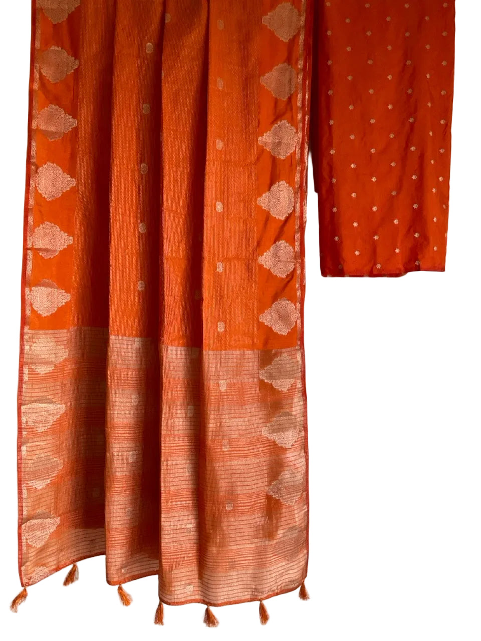 Orange saree with geometric patterns on a white background