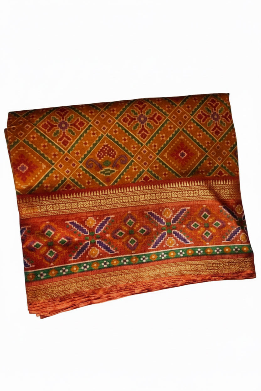 Patola saree in orange and brown tones on a plain background