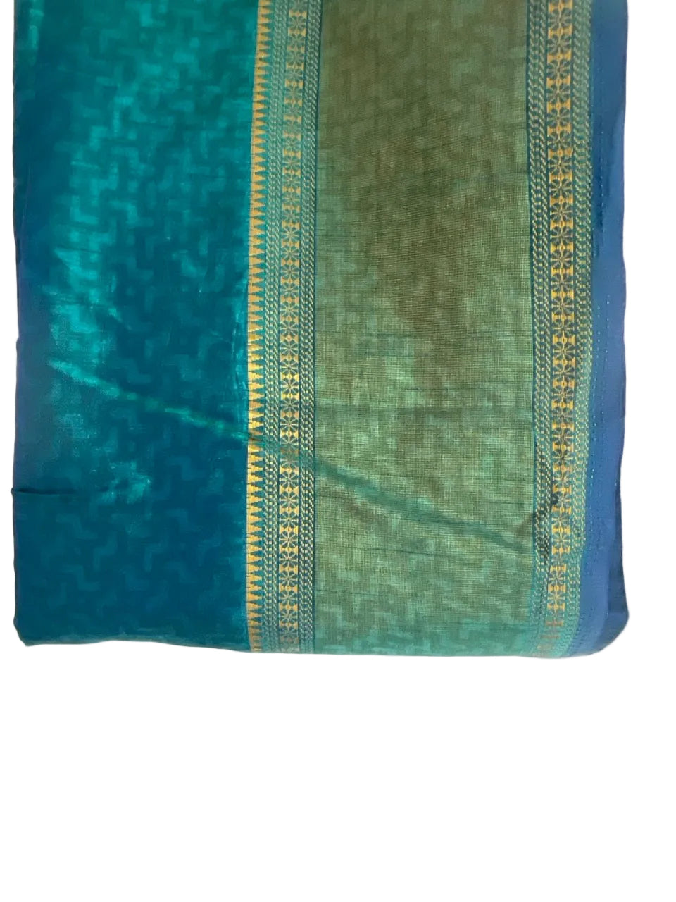 Teal and green fabric with gold border on a white background