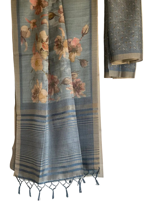 Blue Tissue Silk Saree | Floral Digital Print Pallu & Stripe Border with Tassels