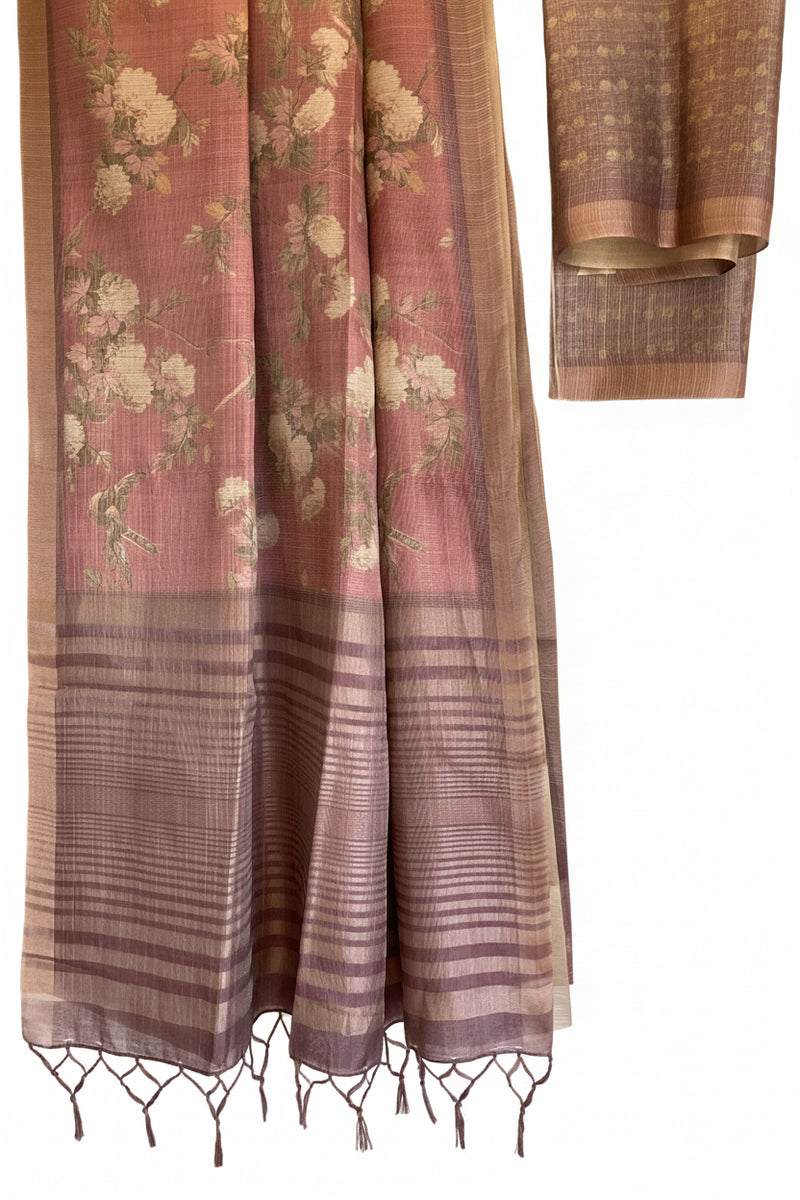Brown and beige floral patterned saree  with tassels on a white background