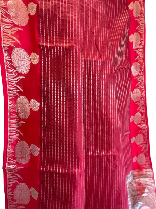 Crimson Red Silk Saree with Gold Zari Stripe Body & Bloom Border