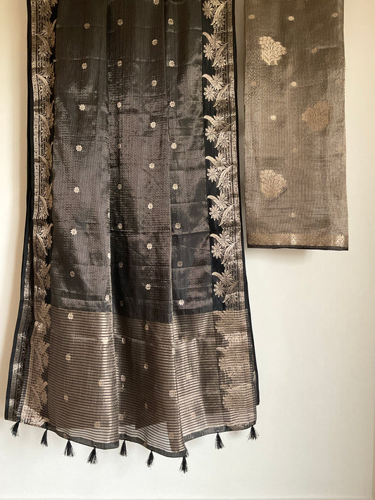 Black Saree with Brocade Border & Buti Weave