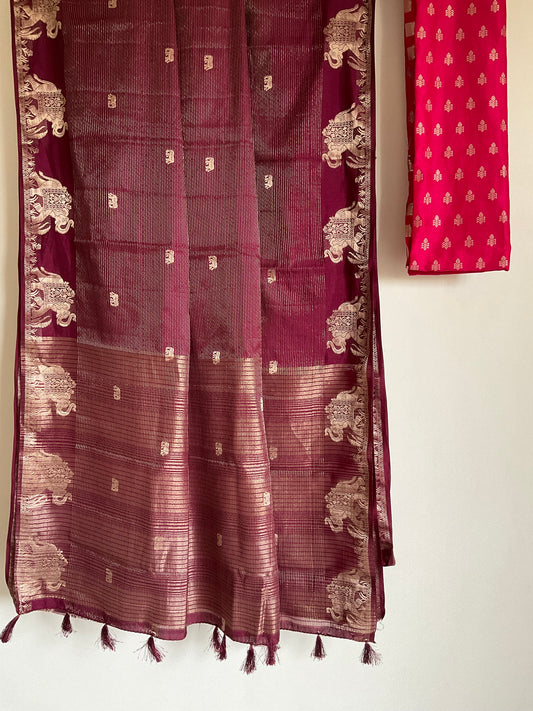 Wine / Purple Saree with Elephant Motifs & Contrast Red Blouse