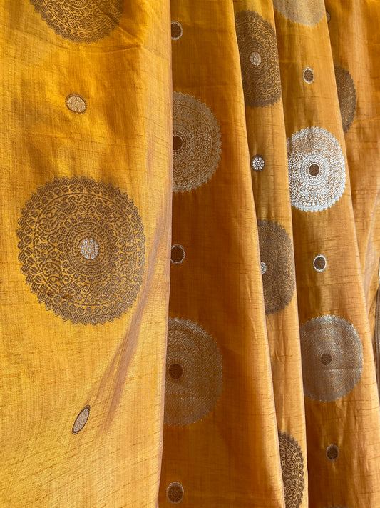 Golden Mustard Silk Saree with Antique Gold Mandala Buttas & Bronze Zari Border