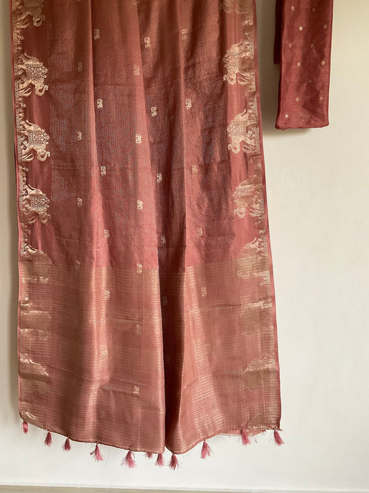 Nude Pink Saree with Elephant Motifs & Buti Blouse