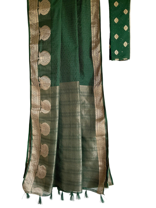 Green Saree with Gold Peacock Motifs & Zari Work