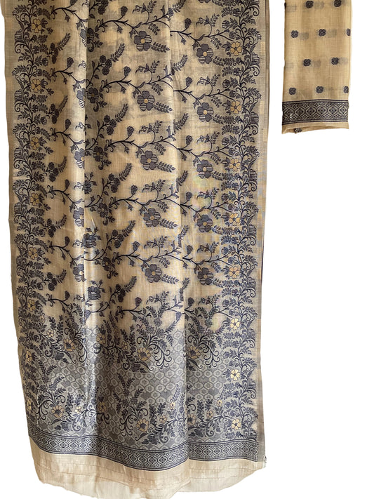 Beige & Blue All-Over Woven Saree with Buti Blouse