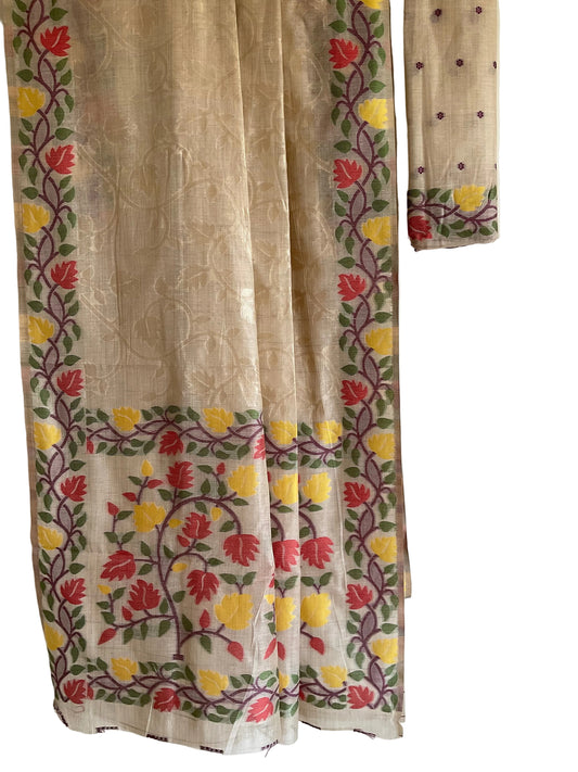 White Ivory Soft Cotton Saree with Golden Glaze & Woven Floral Border