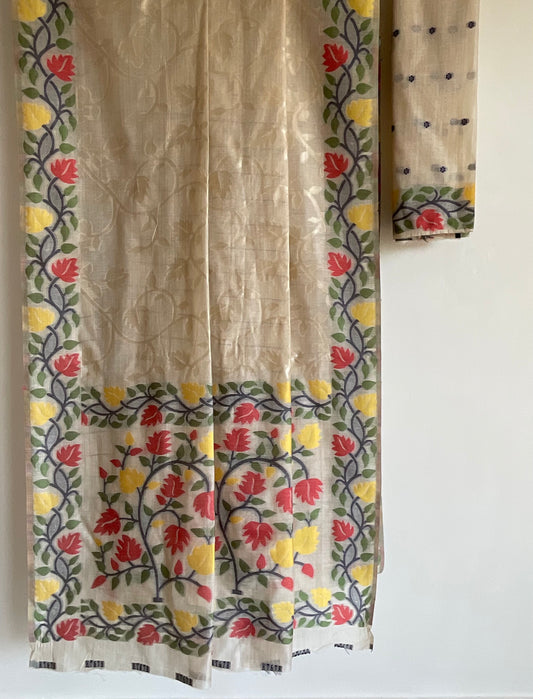 White Ivory Saree with Jamdani Weave in Flower Motifs