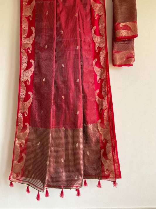 Red Saree with Golden Mango Motifs