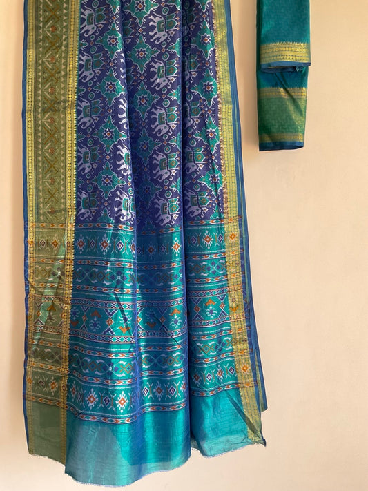 Blue Patola Elephant Print Soft Silk Saree with zari border