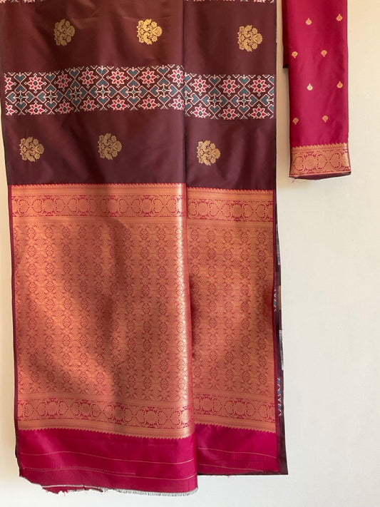Coffee Brown Peacock Ikat Saree | Striking Pink Heavy Pallu | Rare Weave
