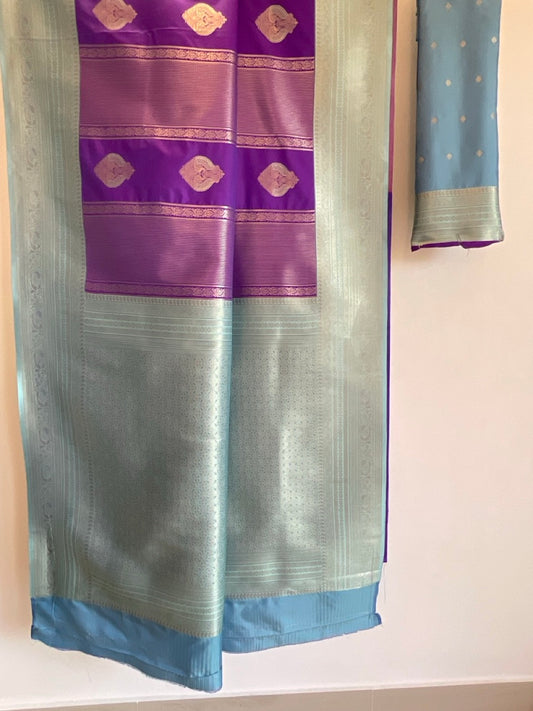 Purple Saree | Golden Peacock Motifs & Sea Blue Heavy Pallu | Unique Collector's Weave