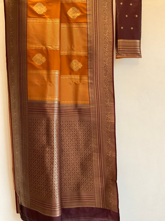 Rust Yellow & Brown Saree | Gold Bird Motifs All-Over | Intricate Heavy Brown Pallu