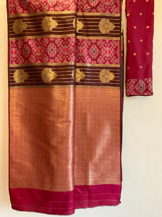 Pink Peacock Ikat Saree | Heavy Golden Weave Pallu | Rare Pink & Brown Combo