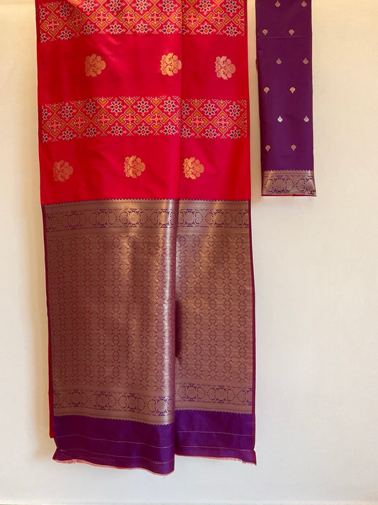 Deep Red & Purple Peacock Ikat Saree | Golden Heavy Pallu on Purple | Rich Collector's Weave