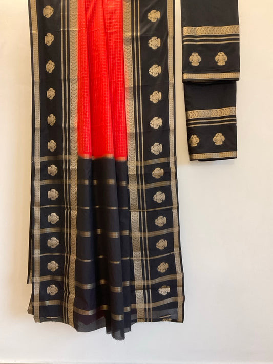 Bold Red Crepe Saree | Golden Checks & Black Gandabherunda Motif Border